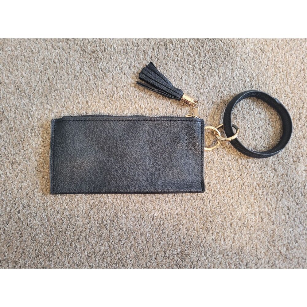 Black Faux Leather Wristlet Wallet Clutch Zip Pouch Tassel Key Ring Bracelet